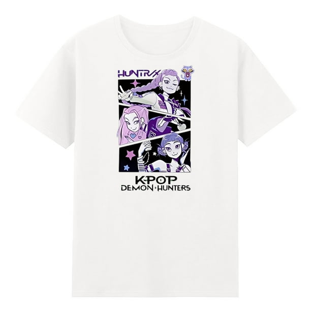 Pop cazadora para niña Demon Hunters Round-Neck Printed Anime Trio Poster T Shirt (White)