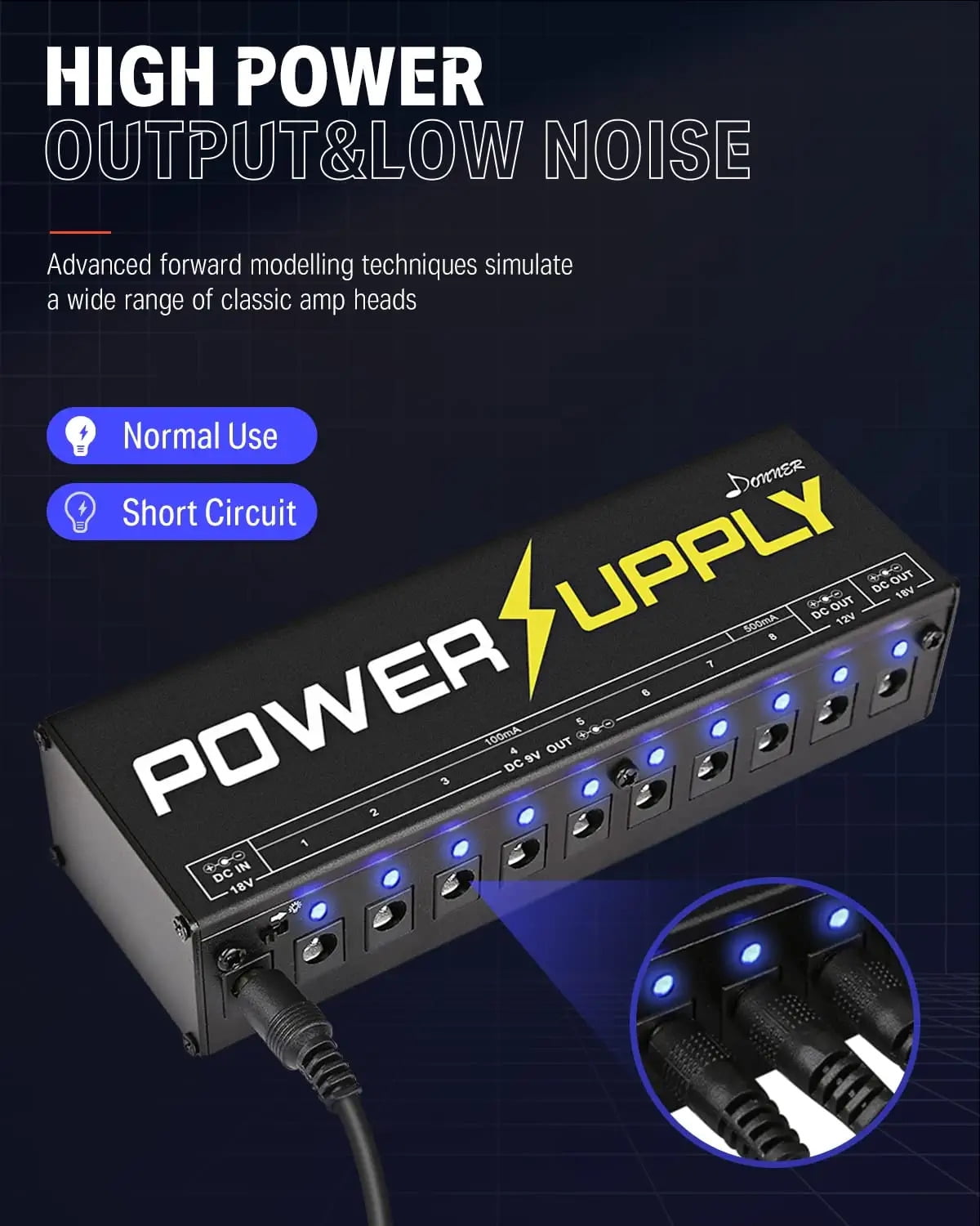 Donner DP-1 Guitar Power Supply Effect Pedal Cables 10 Isolated DC Output for 9V/12V/18V Effect Pedal