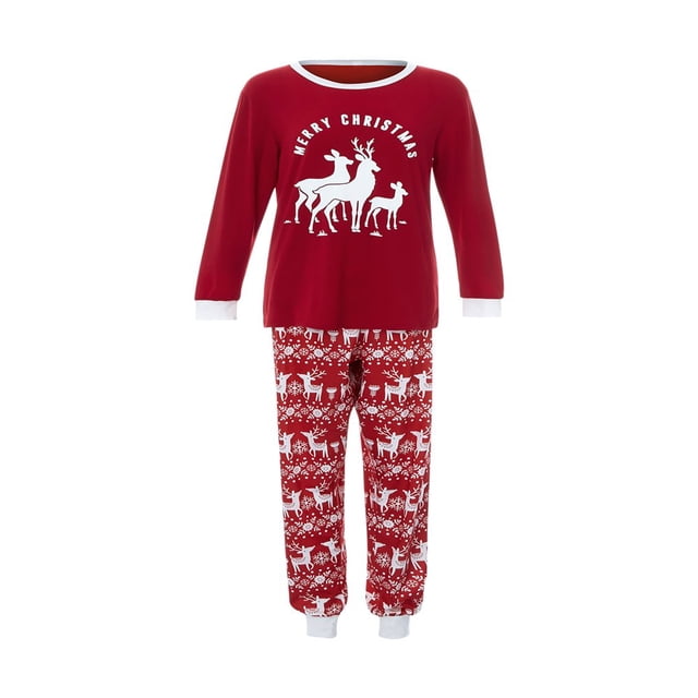 Ensemble Pyjama de Famille de Noël Cerf Imprimé Col à Manches Longues Pantalons Romper Vêtements de Nuit Homewear Rouge Enfants 6-7 Ans