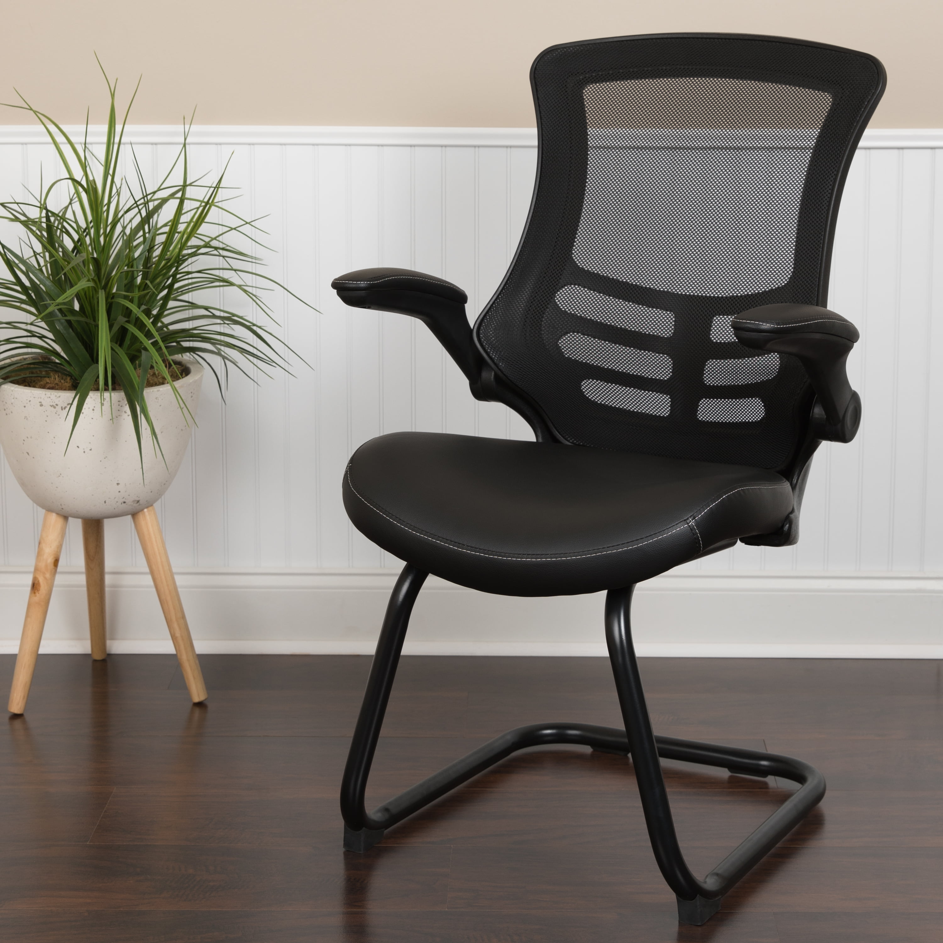 OLIVER Black Mesh Sled Base Side Reception Chair with LeatherSoft Seat and Flip-Up Arms EMMA 