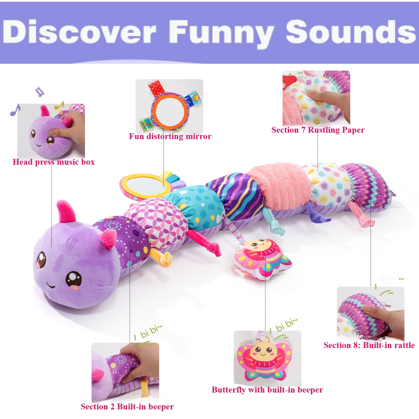 Baby Girls Toys 0-6 Months,6-in-1 Infant Musical Caterpillar Toys Stuffed Animals with Ruler Design,Mirror,Pull String&Ring Bell,Baby Girl Gift, Baby Girl Toys 6 to 12 Months