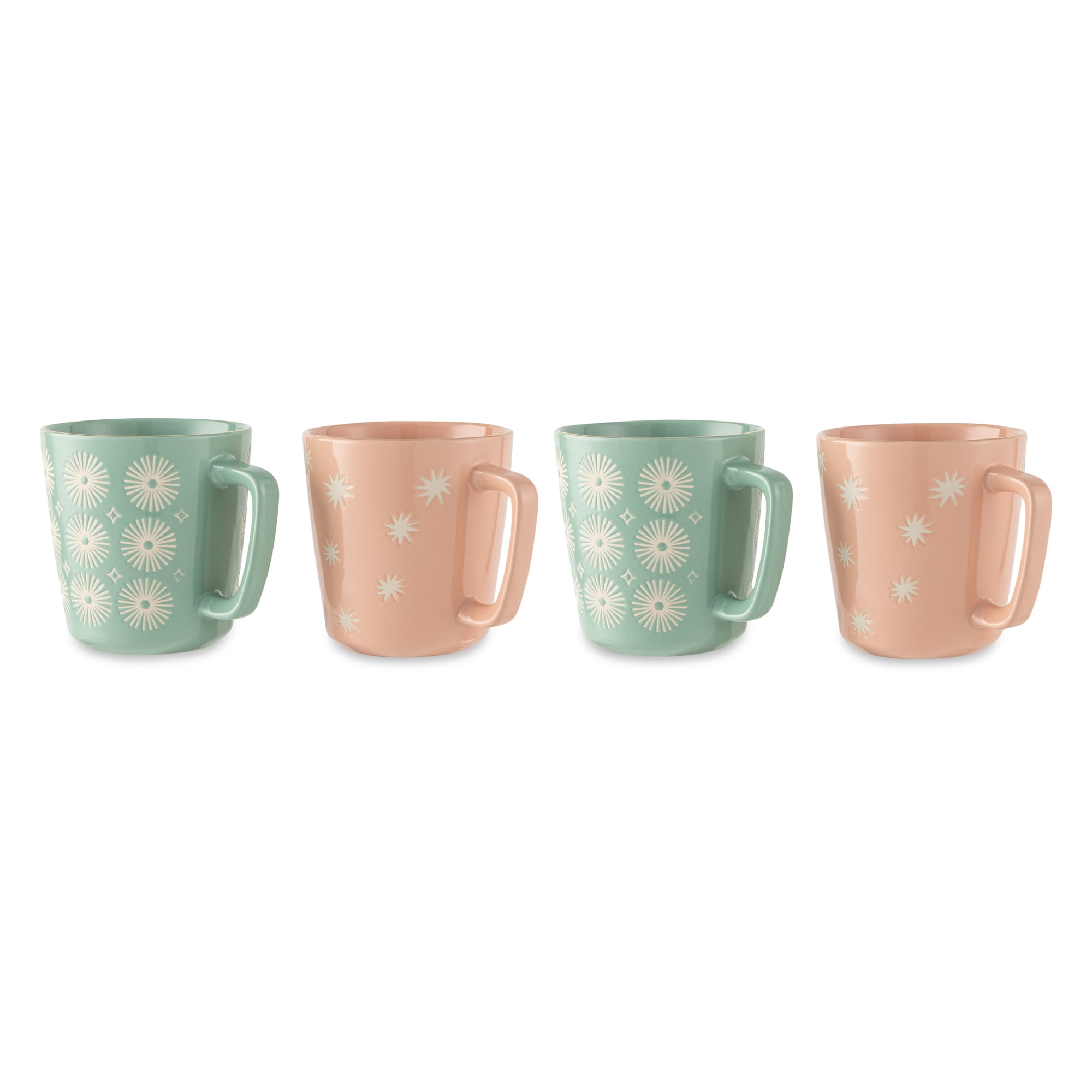 Thyme & Table 4 Pack Green SunBurts and Pink Toss Stars Mugs with Gold Rims 19.9 fl oz, Stoneware