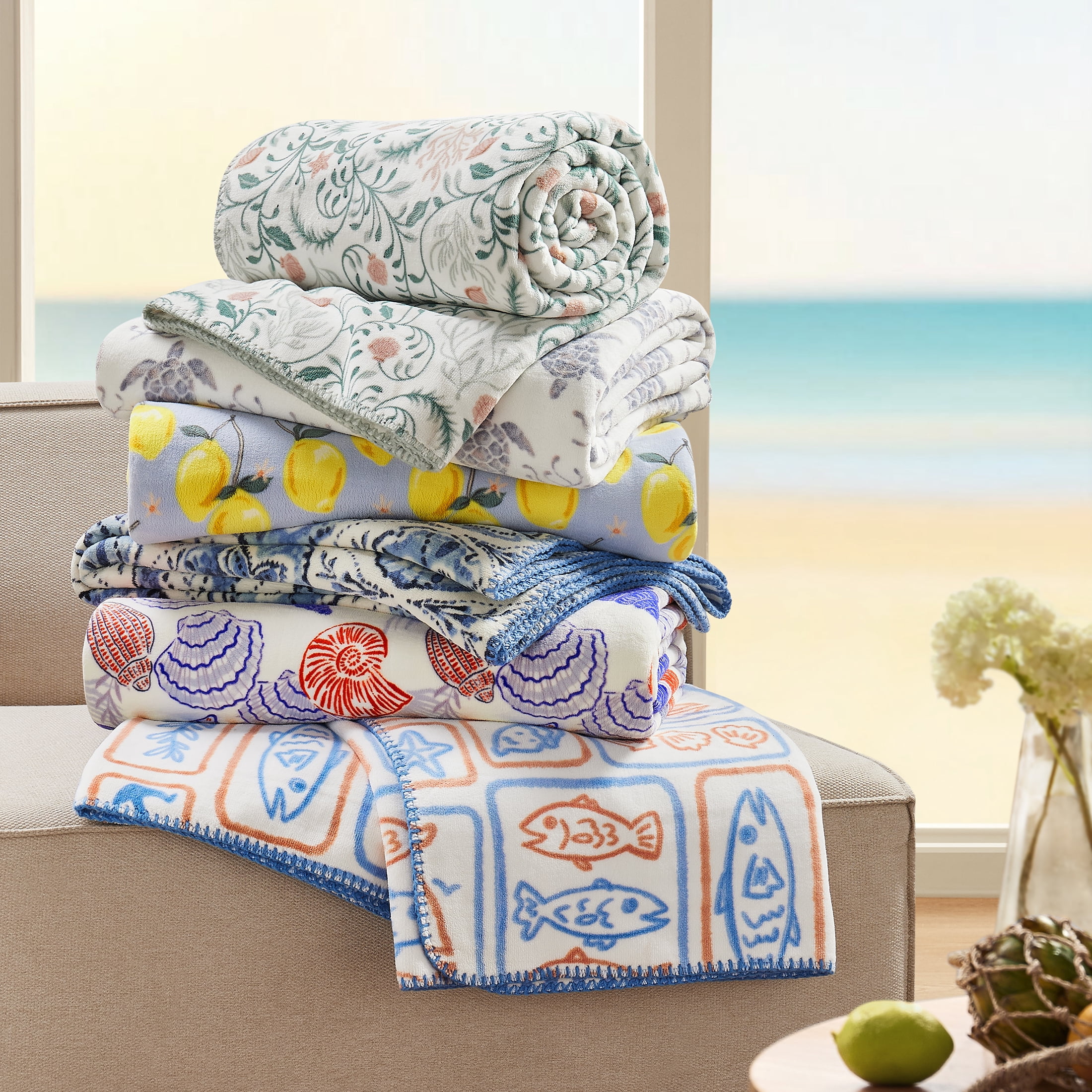 Coastal Living Throw Blanket, Reversible Plush Fleece Blanket for Couch, Blue & Orange Print, 50" x 72"