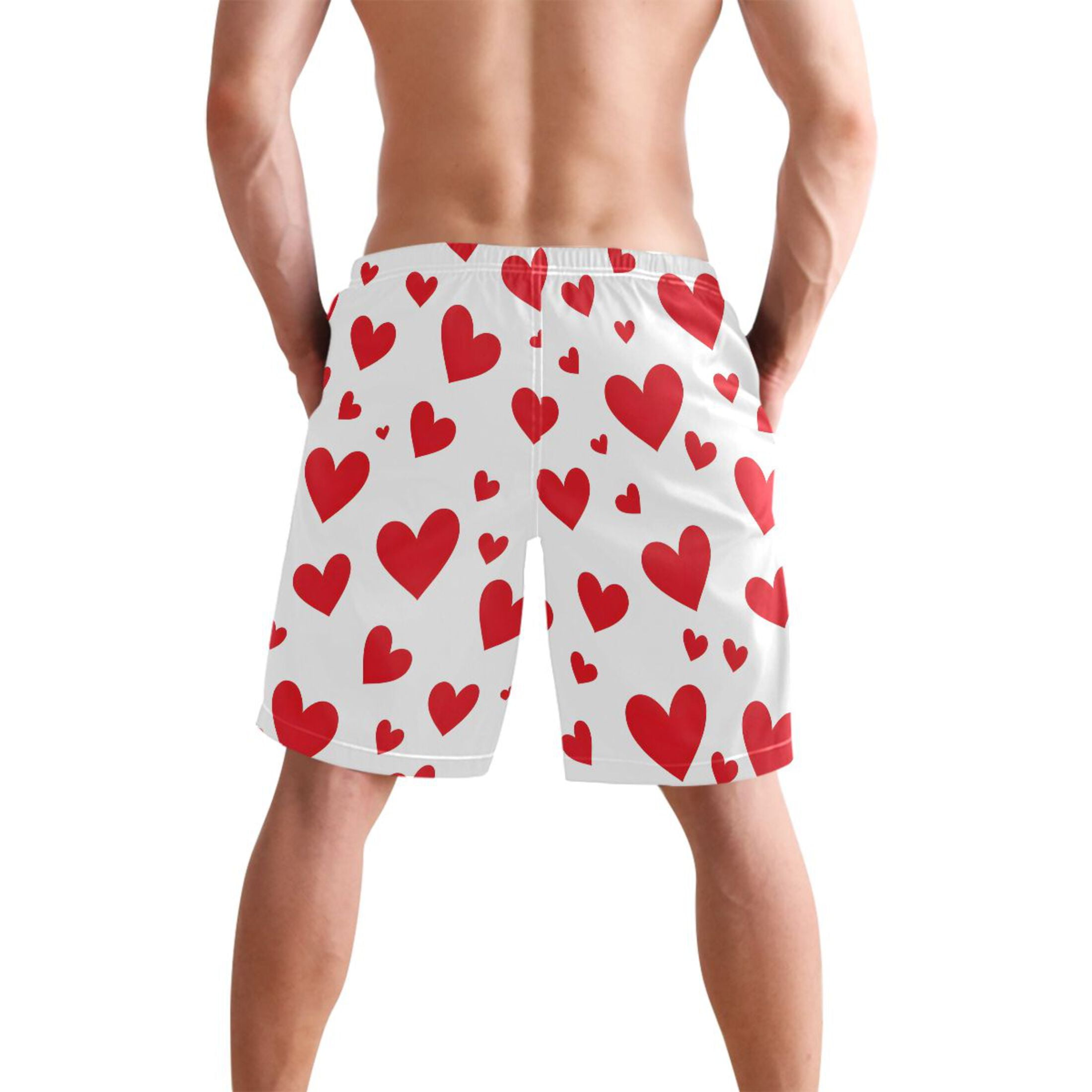joogoo Men's Swim Trunks Red Hearts Beach Shorts with Pockets 2XL