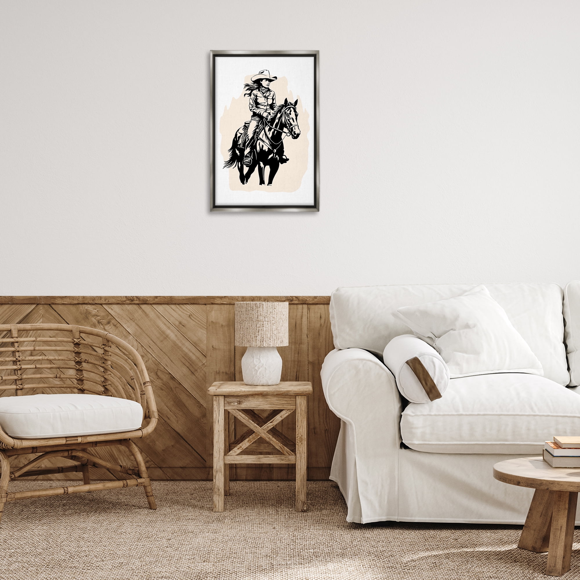 Stupell Industries Saddle Sisters Cowgirl People Painting Gray Floater Framed Canvas Art Print Wall Art, 17 x 25