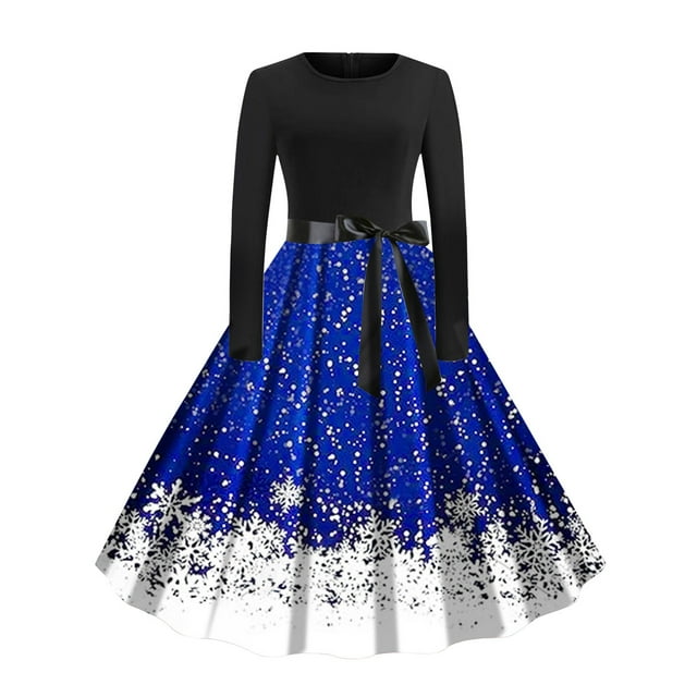 Robes de Fête de Noël pour Femmes Robe Rétro Grande Balançoire Style Noël à Nouer Col Rond Manches Longues Robe Décontractée (Taille: m)