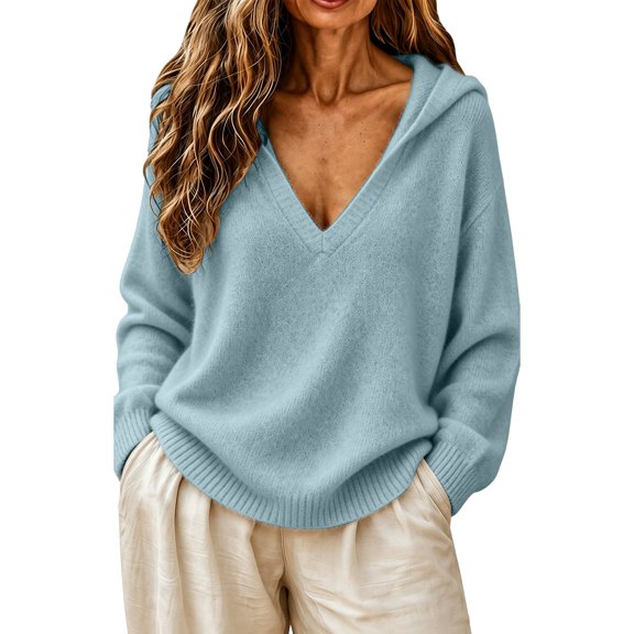 TZZQ V Neck Hooded Sweaters for Women Oversized Long Sleeve Chunky Knit Pullover Sweaters Soft Cozy Lightweight Warm Fall Winter Jumpers Cute Casual Streetwear Knitted Crochet Hoodies Light Blue S