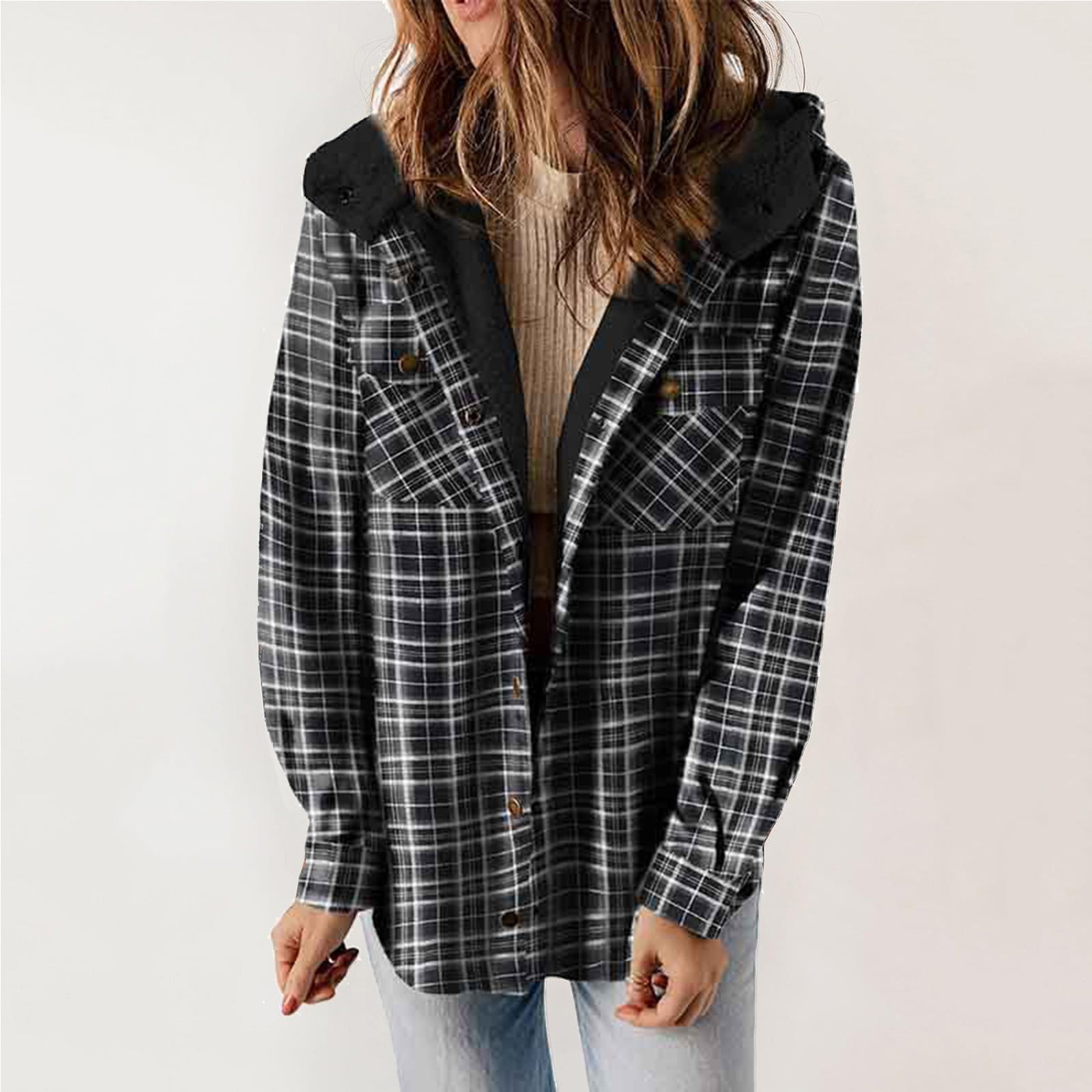 ERFCXS Columbia Jacket Women Plaid Shacket Jacket Long Sleeve