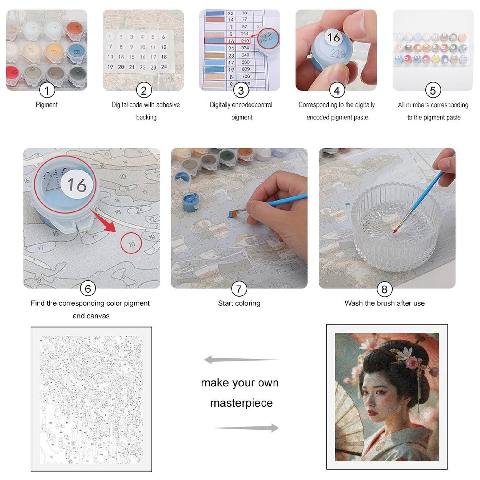 Paint by Numbers Kit for Adults, Geisha Portrait Fan Blossoms Paint by Numbers, Easy Paint by Numbers Kit for Adults Beginner, DIY Adult Paint by Number Kits on Canvas, 12x16in Home Decor