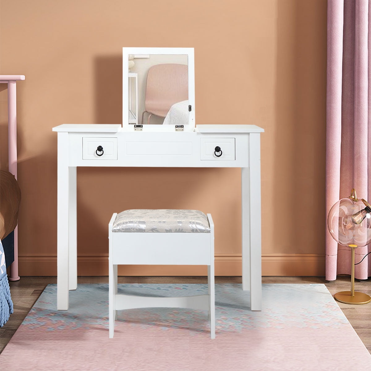 JAXSUNNY Vanity Table Set Make-up Dressing Table with Flip Top Mirror Cushioned Bench Bedroom Furniture of Ample Storage for Women/Girls,White JAXSUNNY Vanity Table Set Make-up Dressing Table with Flip Top Mirror Cushioned Bench Bedroom Furniture of Ample Storage for Women/Girls,White