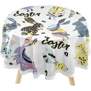 SKYSONIC Easter Rabbits Bunny Round Tablecloth 60inch Indoor Wrinkle Free, Grunge Doodle Circular Lace Table Cover Washable for Kitchen Party BBQ Dining Decor