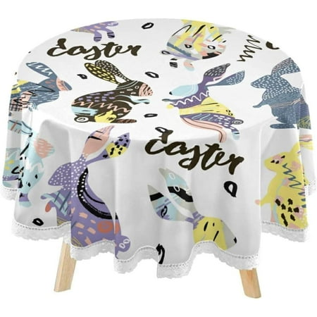 SKYSONIC Easter Rabbits Bunny Round Tablecloth 60inch Indoor Wrinkle Free, Grunge Doodle Circular Lace Table Cover Washable for Kitchen Party BBQ Dining Decor