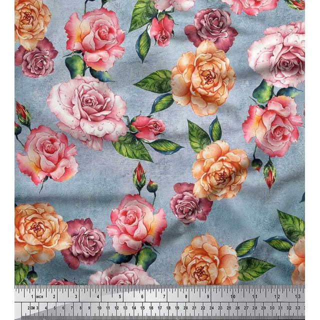 Soimoi Blue Poly Georgette Fabric Leaves & Rose Flower Decor Fabric Printed BTY 42 Inch Wide