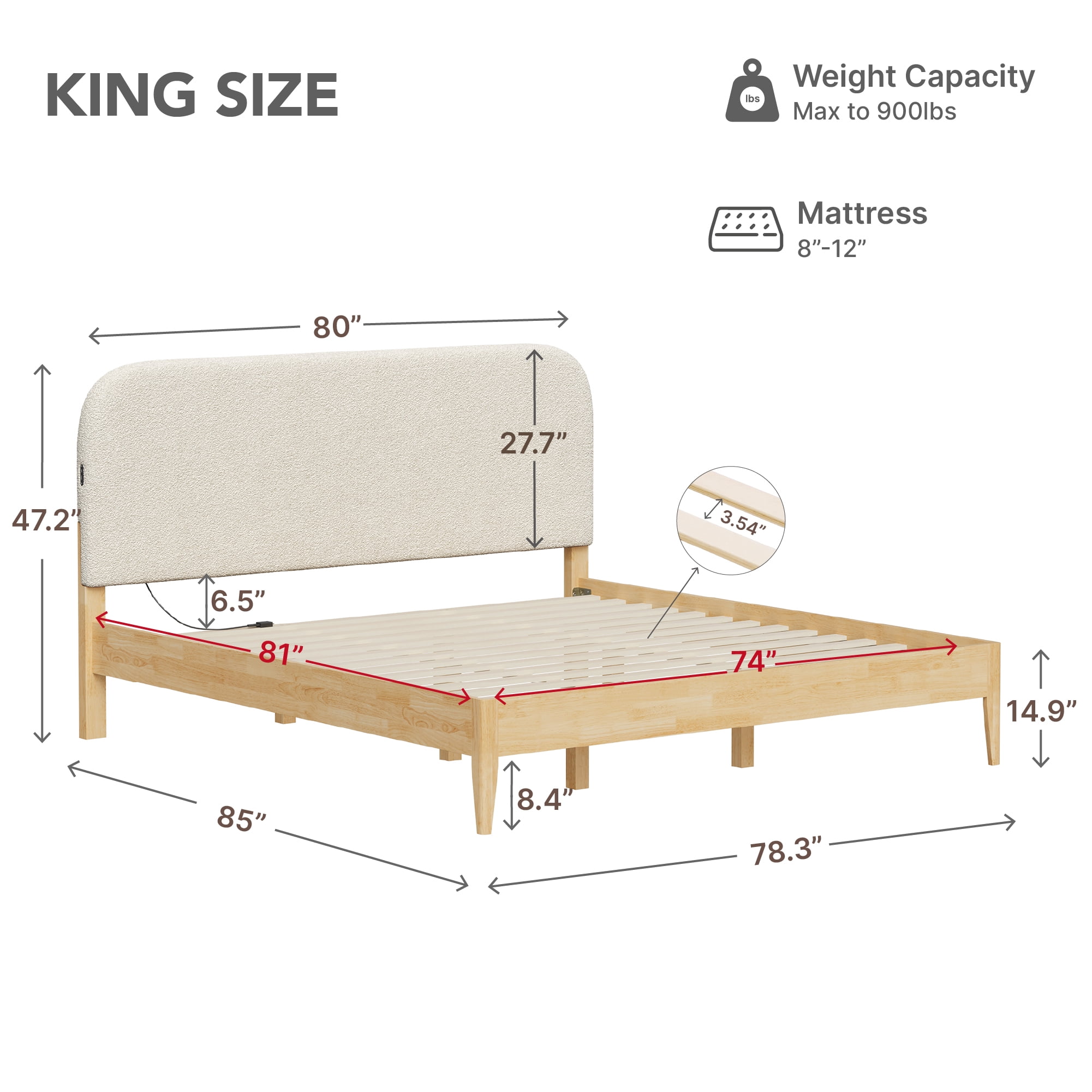 Spruce & Spring Modern King Bed Frame with Bouclé Headboard and Charging Ports, Oatmeal