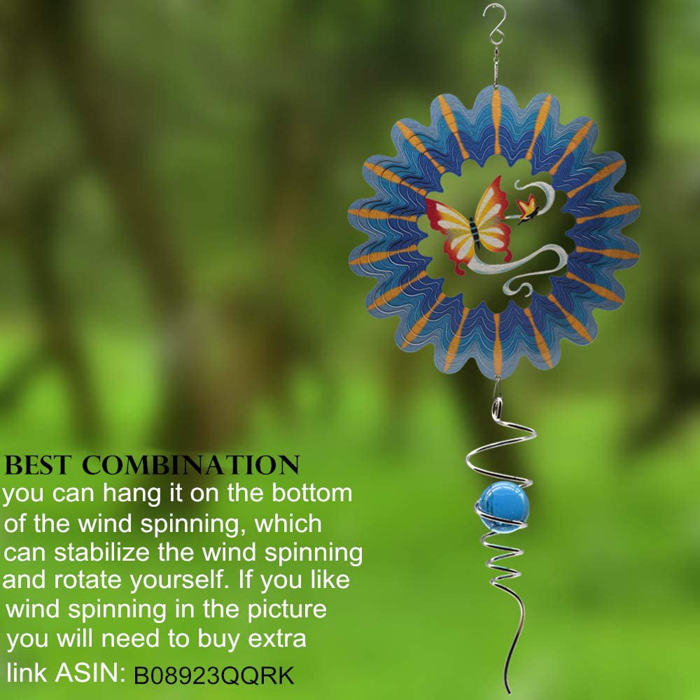 Acid Blue uoudio Gazing Ball Spiral Tail Wind Spinner Stabilizer，Indoor Outdoor Decoration Stainless Steel Glass Ball with Hanging Swivel Hook 11 inch 