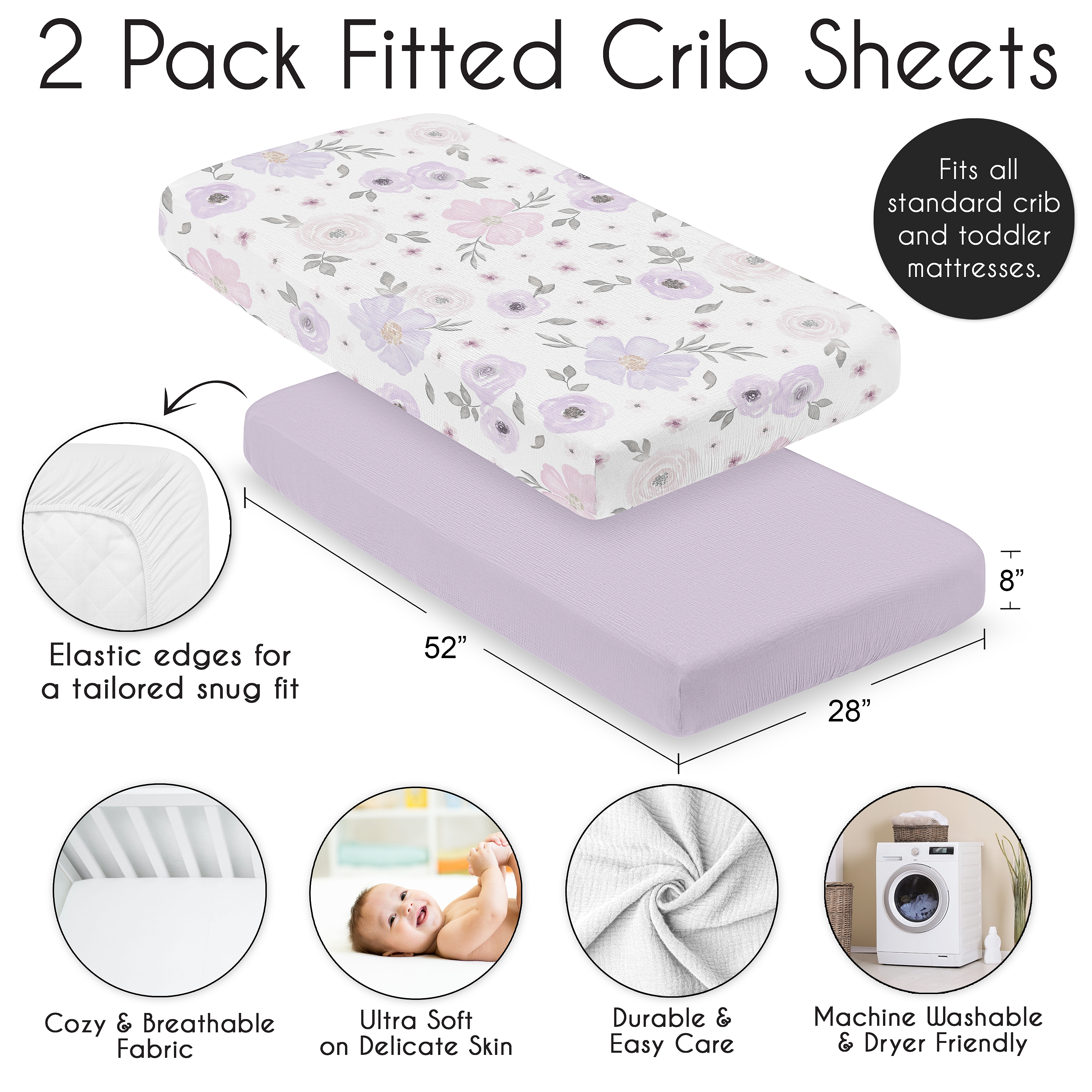 Sweet Jojo Designs Watercolor Floral Lavender and Grey Girl 100% Cotton Muslin Fitted Crib Sheets Set 2 Piece