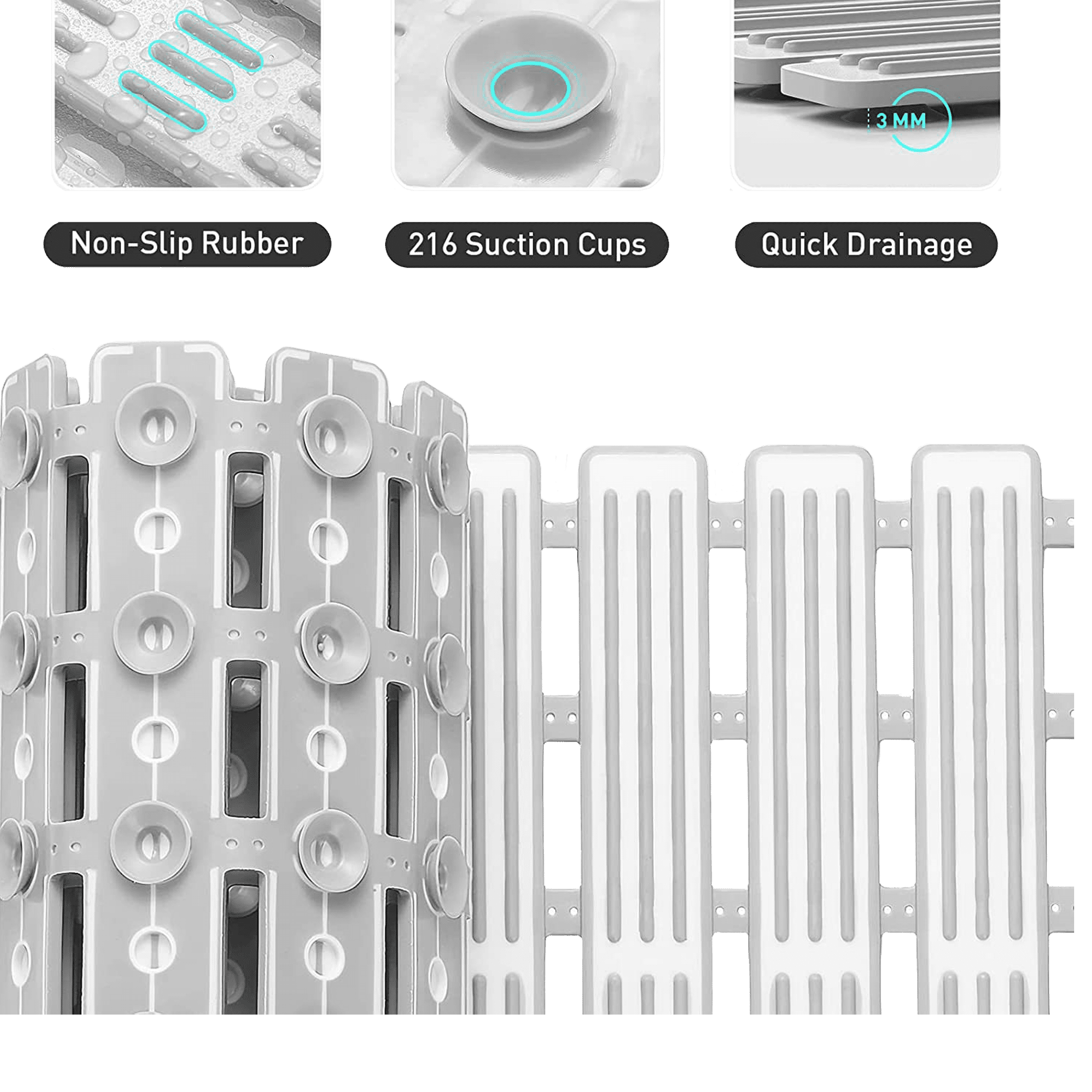 Shower Mat Non Slip Bathtub Mat - 27 x 16 Inch TPE+PP Soft Anti Slip Bath Mat for Tub, Slatted Shower Floor Mat with Powerful Suction Cups and Drain Holes, Easy to Cut, Machine Washable, Grey