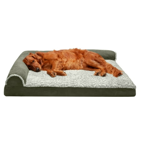 UPC: 0842229107395 | FurHaven Pet Products Two-Tone Faux Fur & Suede Deluxe L-Chaise Memory Top Sofa-Style Pet Bed for Dogs & Cats – Dark Sage Jumbo