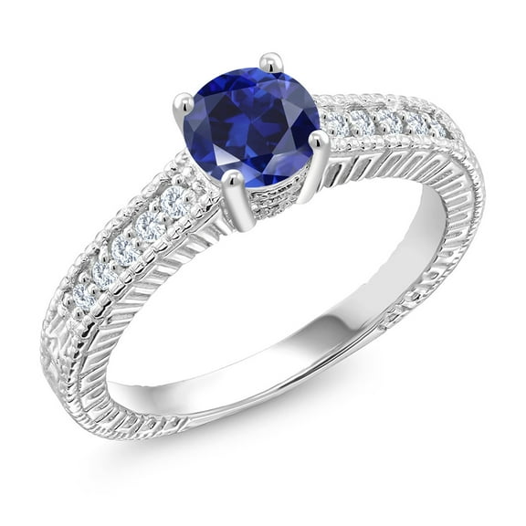 Gem Stone King 925 Sterling Silver Ring Round Blue Created Sapphire and Moissanite (1.15 Cttw, Size 9)