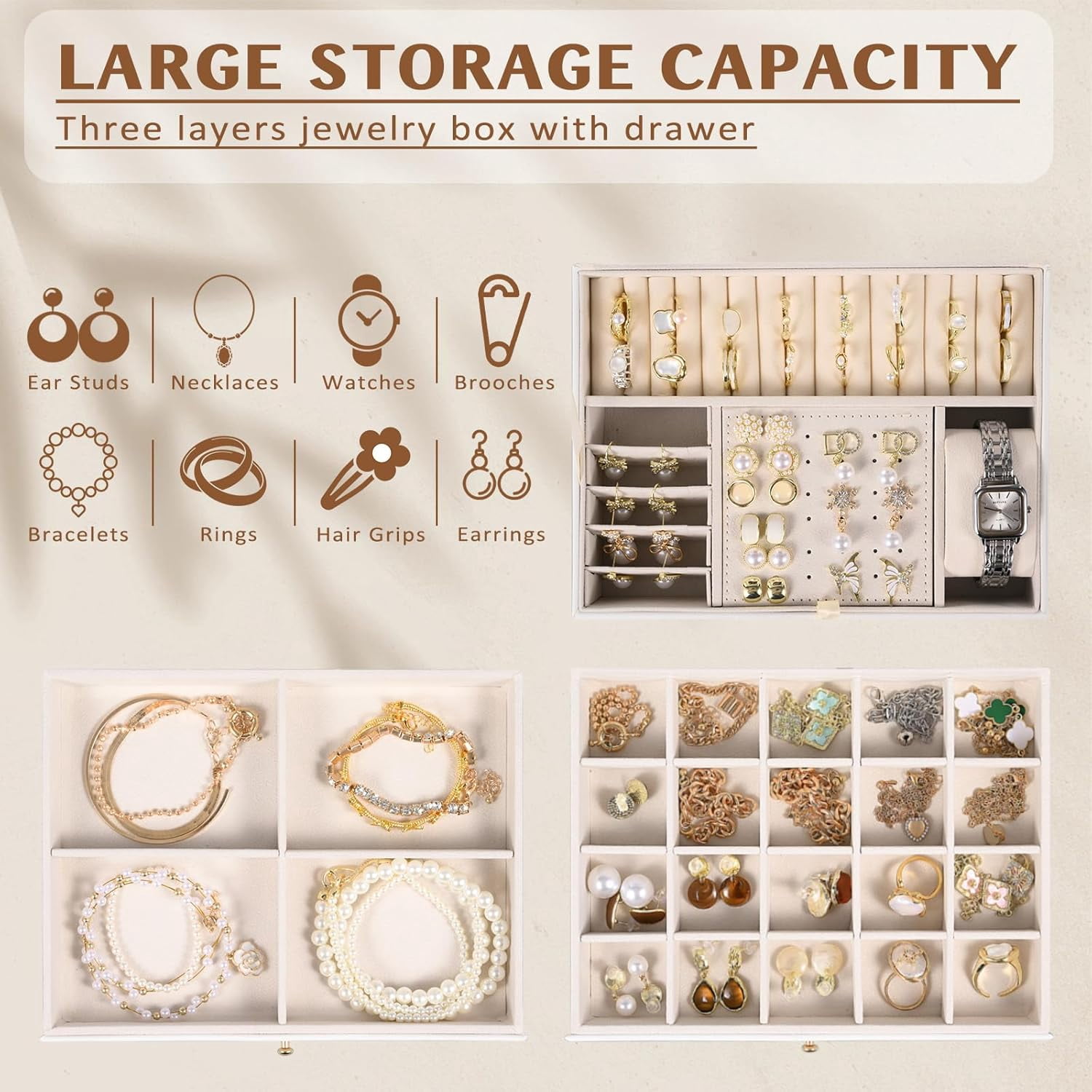 ASKITO 3 Layers Jewelry Box, Lockable Jewelry Holder Organizer with Drawer, Large Jewelry Boxes for Women Girls, Jewelry Holder for Necklace Earring Ring Bracelet Watch, White