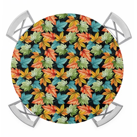 Fall Orange Green Maple Leaf Round Tablecloth for 55-60 Inch Tables,Fitted Table Cover with Elastic Edge,Watercolor Botanical Retro Waterproof Outdoor Table Cloth Protector for Patio Garden Dinner
