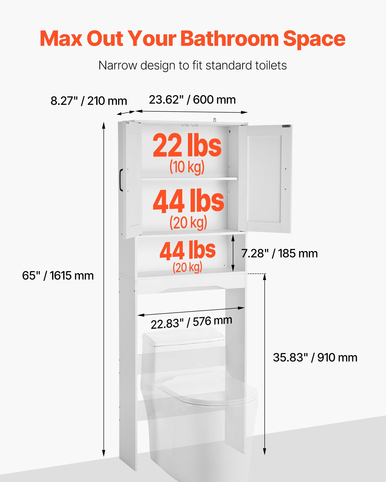 VEVOR Over The Toilet Storage Cabinet, 65 in Height Bathroom Storage Organizer with Double Door and Adjustable Shelf, Bathroom Space Saver Organizer Above Toilet with Open Shelf, White