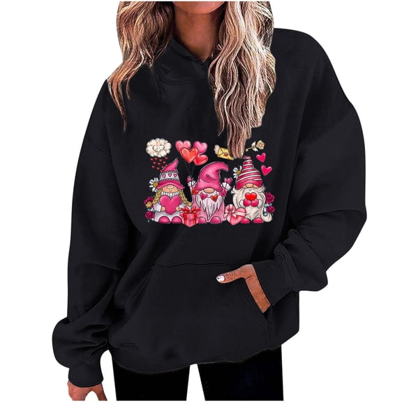 Guluxicc Womens Hoodies Casual Fashion Long Sleeve Hooded Sweatshirts Cute Valentines Day Pullover Tops, Black, XL