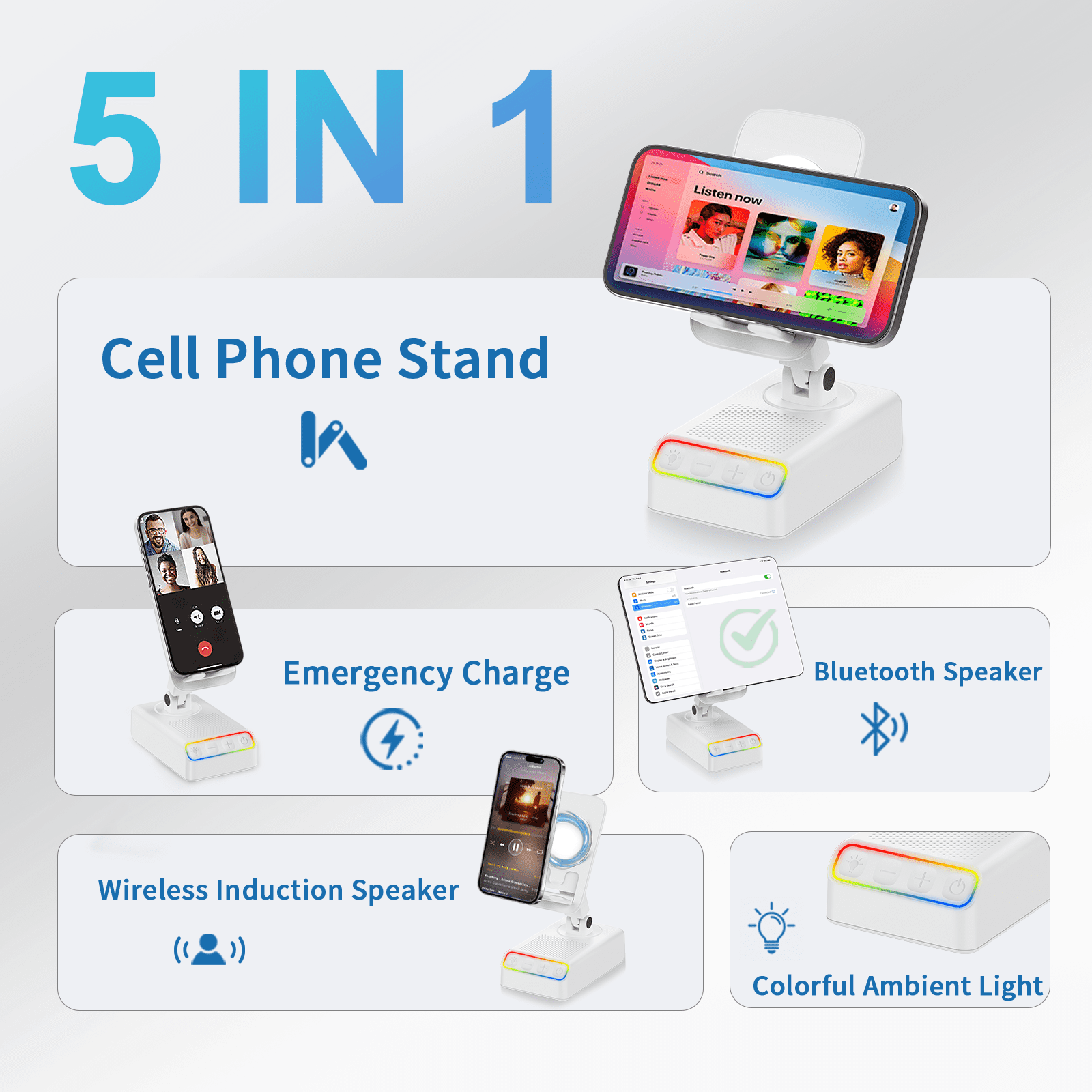 Adjustable Cell Phone Stand with Wireless Induction Bluetooth Speaker, HD Surround Sound, Color-Changing LED Light, and Non-Slip Phone Holder – Perfect for Yoga and Kitchen, a Great Gift for Everyone