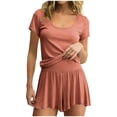 thumbnail image 5 of ylioge Womens 2 Piece Modal-Pajama Sets Casual Lightweight Solid Color Short Sleeve Tops Wide Leg Shorts Soft Loungewear Homewear Pajamas Outfits Set, 5 of 5