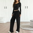 thumbnail image 5 of qolati Womens 2 Piece Matching Lounge Sets Spring Fashion Half Button Long Sleeve Henley Shirts with Wide Leg Pants Airport Travel Vacation Outfits Gym Sweatsuits Black XXL, 5 of 9