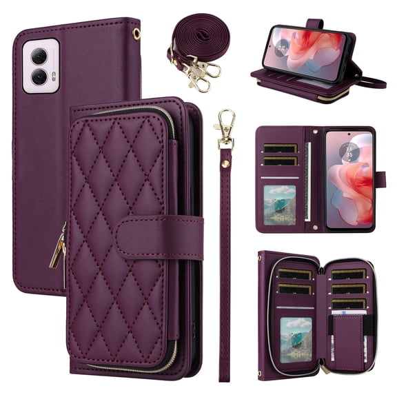 New Wallet Case for Motorola Moto G Power 5G 2024 with Wrist Strap Shoulder Strap, Card Slot Zipper Purse Luxury PU Leather Stand Checkered Cell Phone Cover for G5 Women Girls Deep