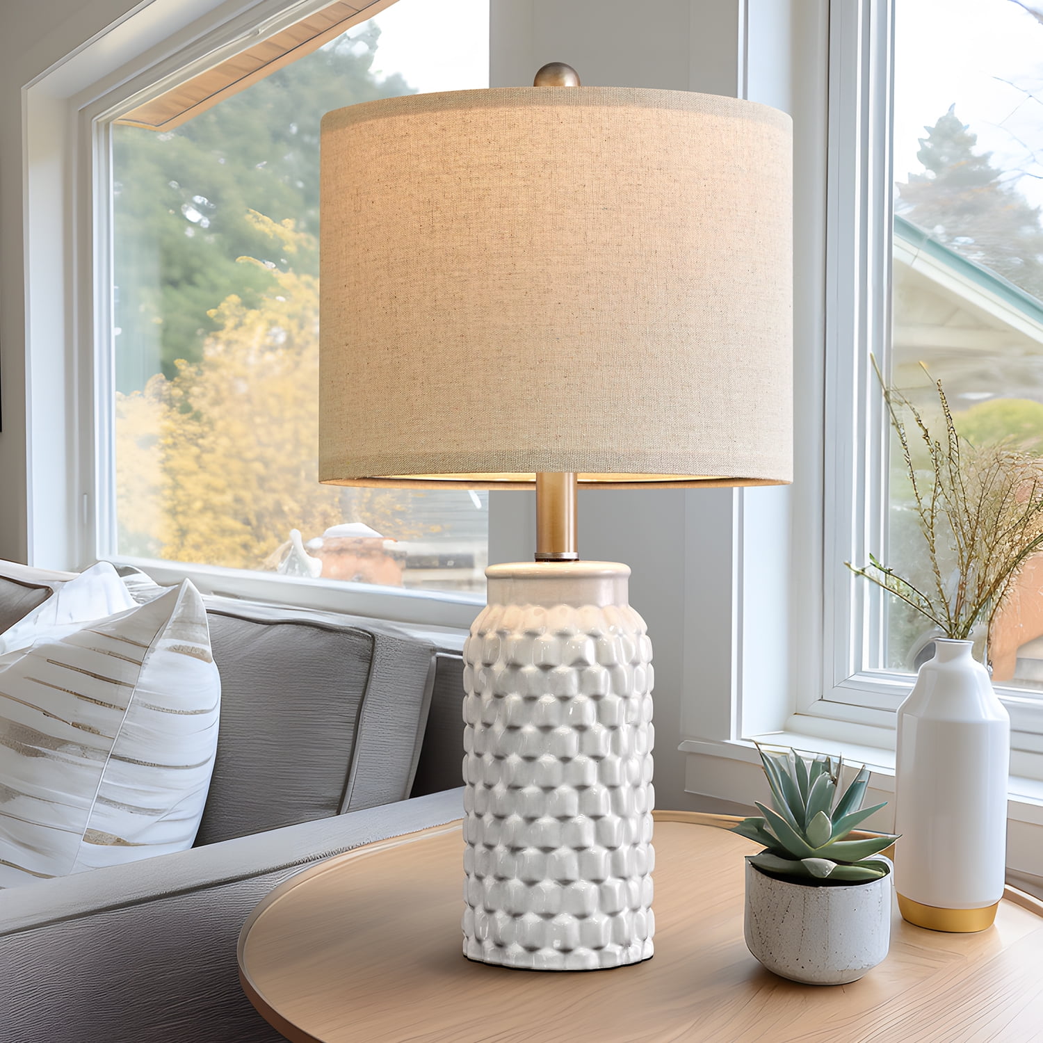 Oneach Modern White Table Lamp Set of 2 for Bedroom Living Room 20.5" Ceramic Bedside Nightstand Lamps with Linen Drum Shade