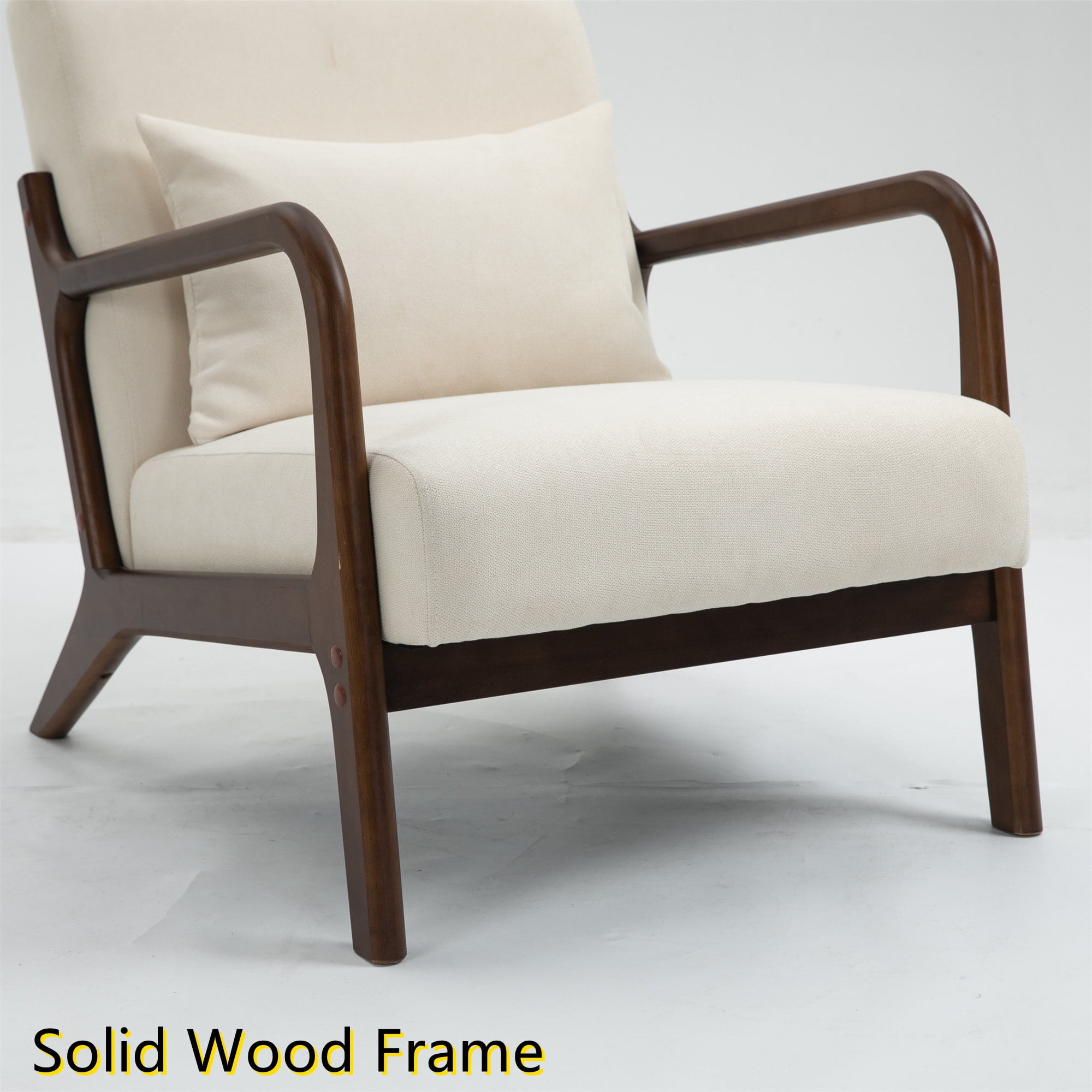 Aukfa Mid Century Modern Accent Chair w/ Lumbar Pillow for Living Room, Wood Frame, Velvet, Beige