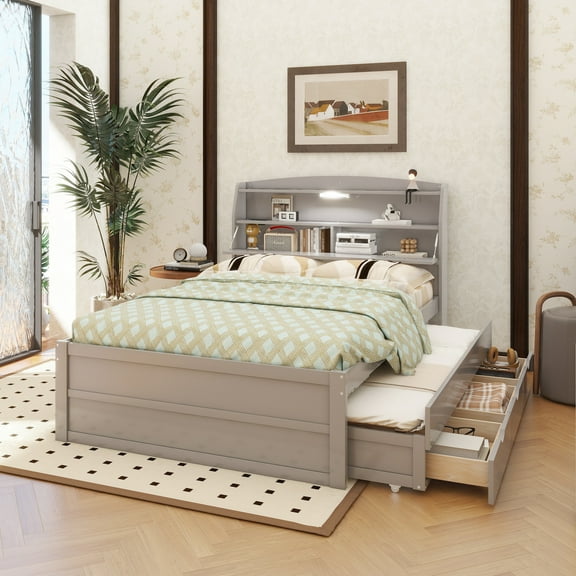 Full Size Wooden LED Platform Bed with Trundle, with Storage Headboard, with Drawers, Gray