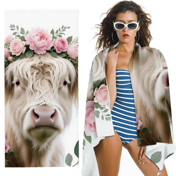RKSupls Highland Cow Flower Oversized Microfiber Beach Towel - Ultra-Soft Microfiber , for Bathroom, beach, Soft Super Absorbent- 30x60 in