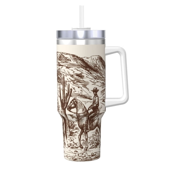 Vsdgher Western Desert Cowboys2 Pattern 40 oz Tumbler with Handle and Straw Lid | Insulated Cup Reusable Stainless Steel Water Bottle Travel Mug | Gifts for Women Men Him Her