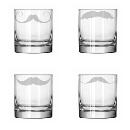 Set of 4 Glass 11 oz Rocks Whiskey Highball Mustache Set
