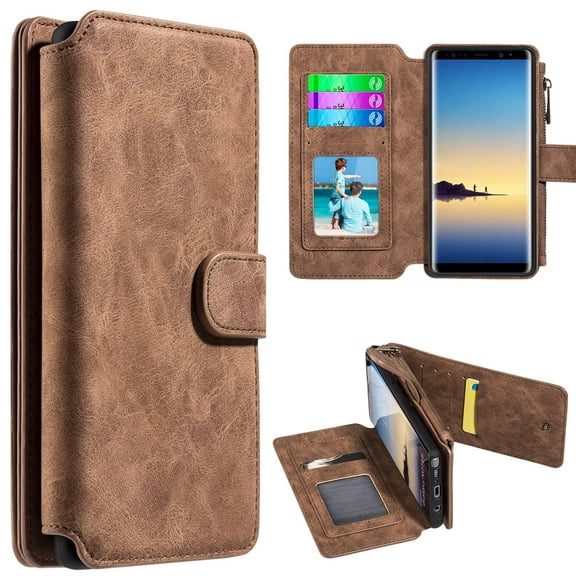 GSA Detachable Magnetic Leather Wallet Case Cover for Samsung Galaxy Note 8, Brown
