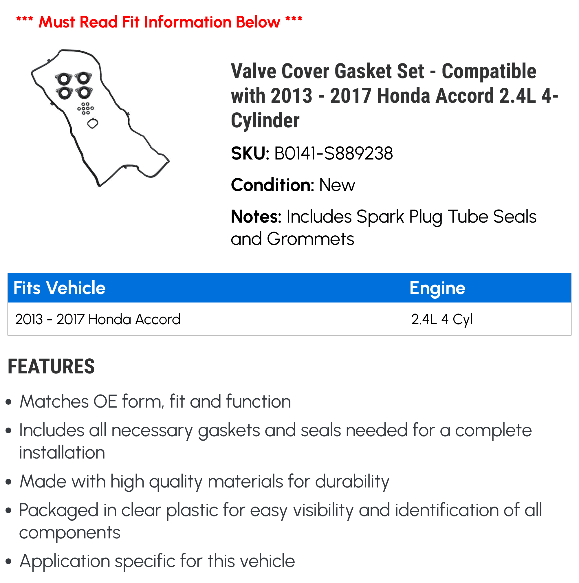 Valve Cover Gasket Set - Compatible with 2013 - 2017 Honda Accord 2.4L 4-Cylinder 2014 2015 2016