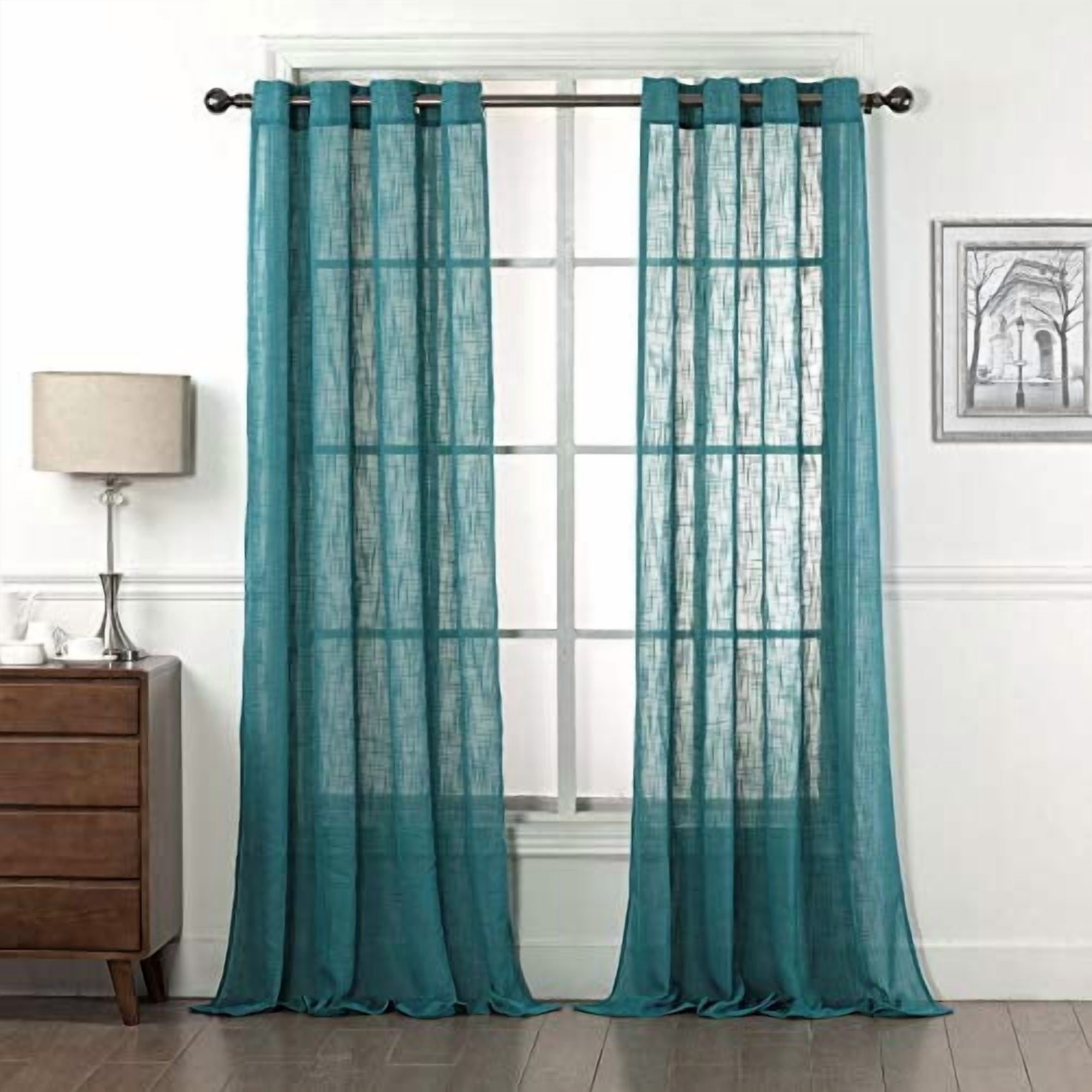 Teal Linen Curtains Nickel Grommet Semi-Sheer Curtains - Energy Saving Light Filtering Window Treatments Draperies for Bedroom/Living Room/Sliding Door, Teal, 2 Panels, 52 x 84 - I