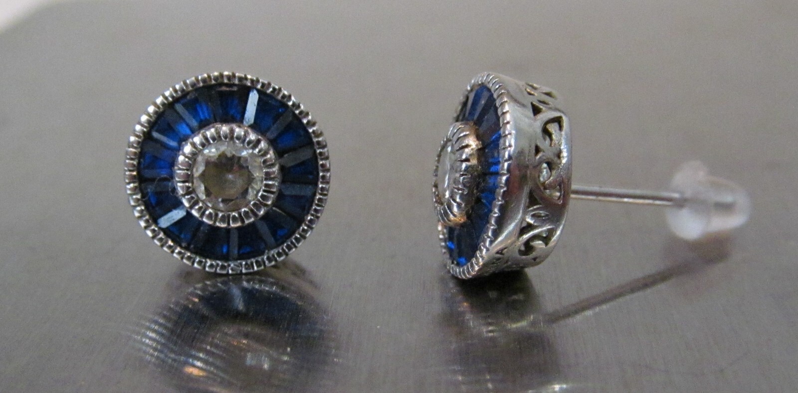 Sparkle Jewels Vintage Sterling Silver Clear Round Blue Cubic Zirconia Stud Earrings