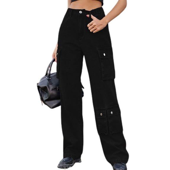 Defitshape Women's Cargo Jeans Washed Straight Leg Full Length Loose Fit Vintage Fashion Long High Waist Elastic Carpenter Denim Pants Black X-Large