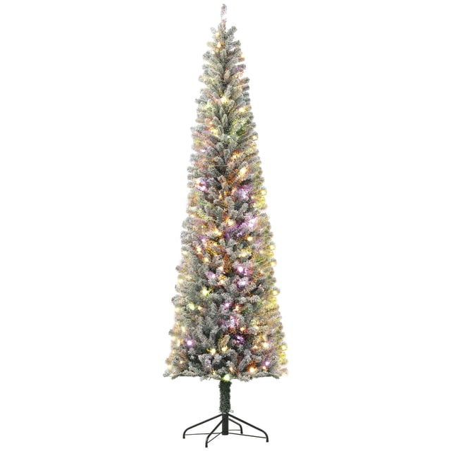 9ft Prelit Flocked Pencil Christmas Tree with Remote - Green, 895 Tips, Dual Color LED Lights, Slim Design for Living Room & Entryway Decor