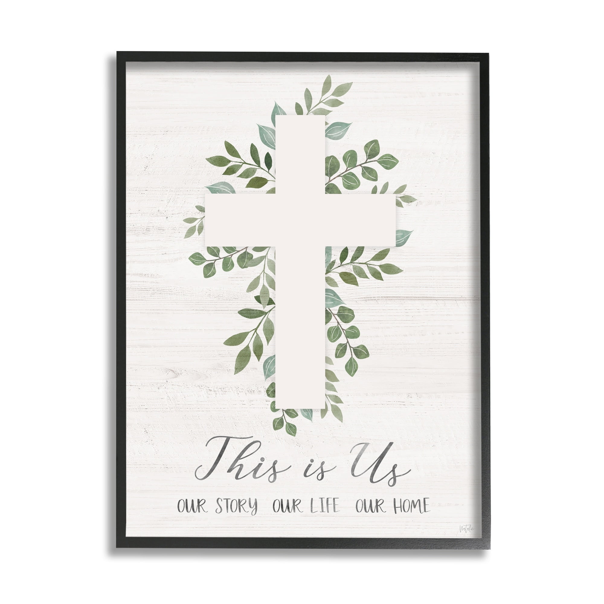 Stupell Industries This Is Us Botanical Cross Symbol Religious Painting Gray Framed Art Print Wall Art