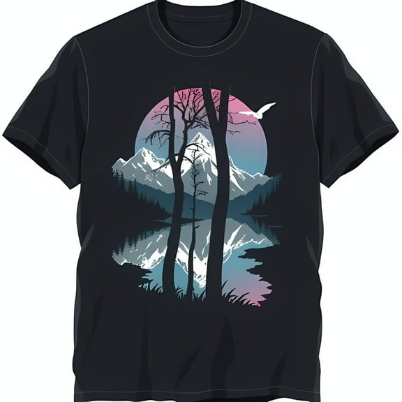 Mountain Lake Sunset Graphic T-Shirt Black Tee with Trees & Bird