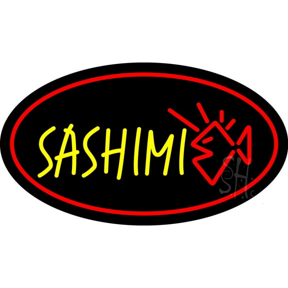 Yellow Sashimi Oval Red LED Neon Sign 13 x 24 - inches, Clear Edge Cut Acrylic Backing, with Dimmer - Bright and Premium built indoor LED Neon Sign for restaurant window and interior decor.