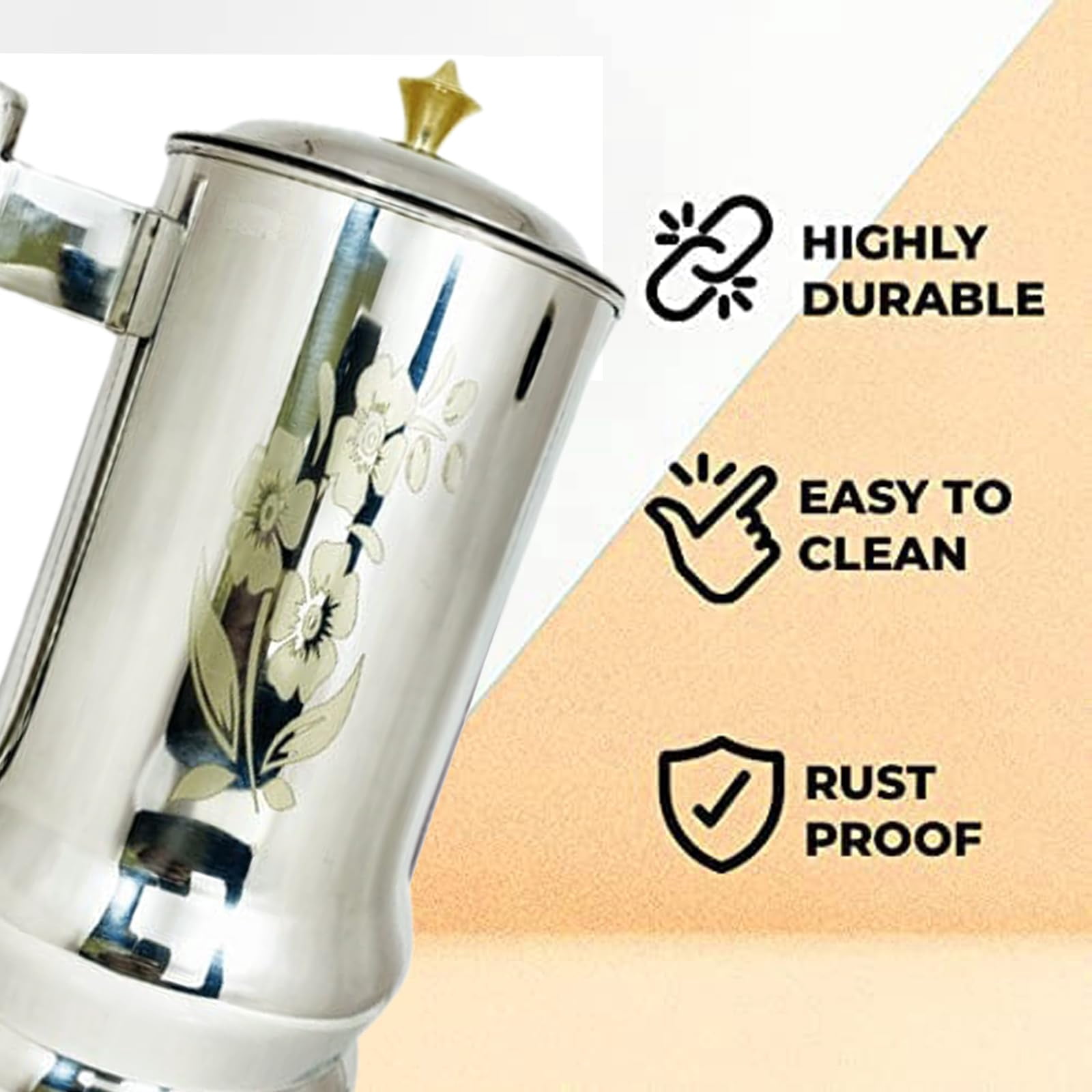 IMTRA FASHION Pure Copper and Stainless Steel Water Jug 50.7 Fl Oz Laser Print Pitcher With Lid for Drinking