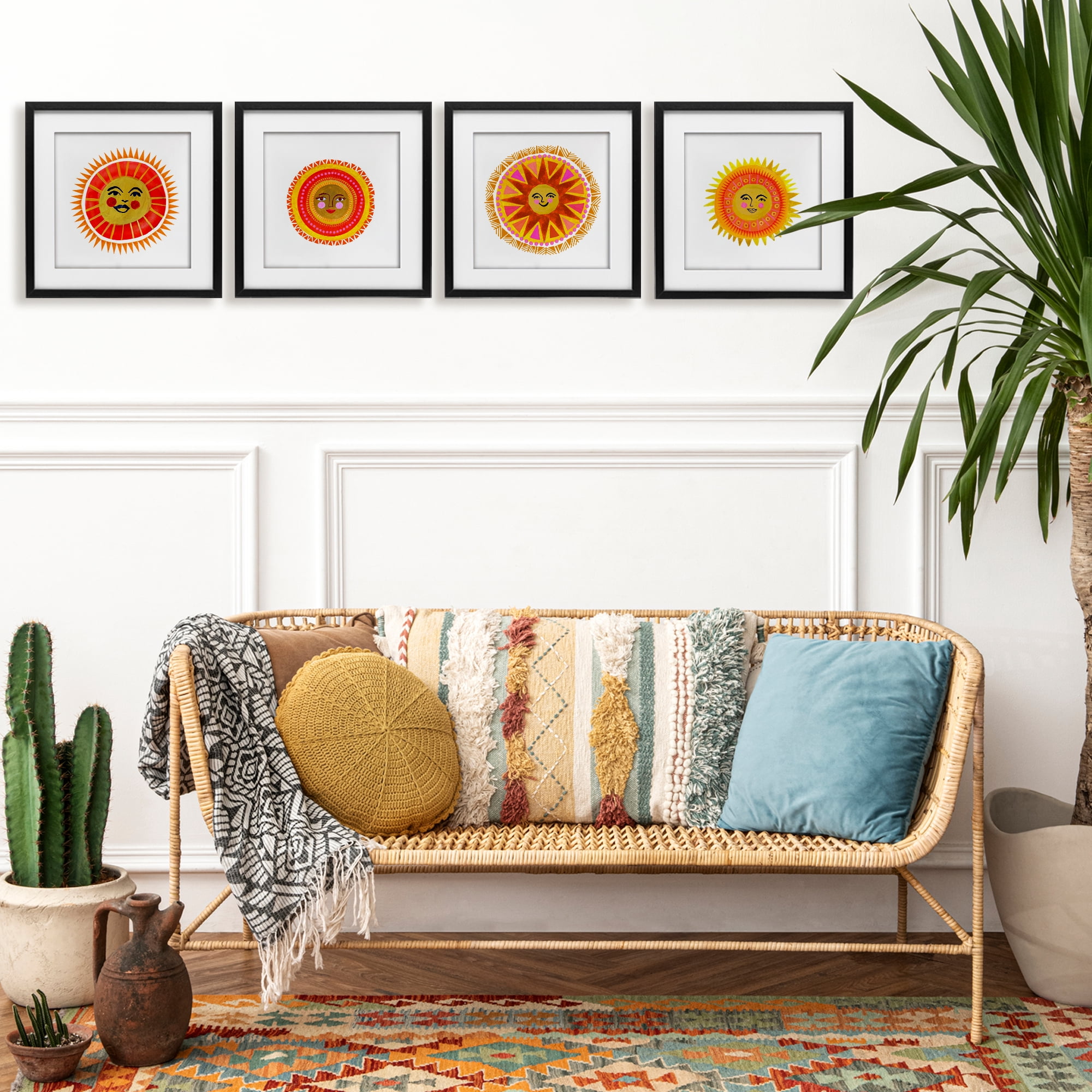 Stupell Industries Warm Happy Suns 4 Piece Black Framed Print Under Glass Set, design by Katherine Herrell Studio