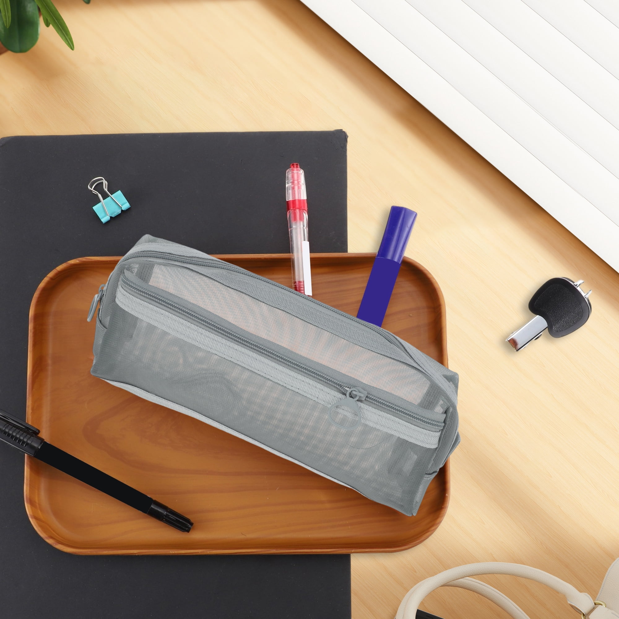 Unique Bargains Mesh Pen Bag, Zipper Mesh Pouch, Multifunctional Pencil Case Gray 8.66"x1.97"x2.76"