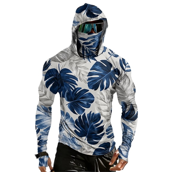 GrmtClth Mens Long Sleeve Sun Protection Shirts Lightweight Moisture Wicking Hoodie Fishing Hiking Swimming Running Camo Rash Guard SPF UV Hoodie with Face Mask Blue L